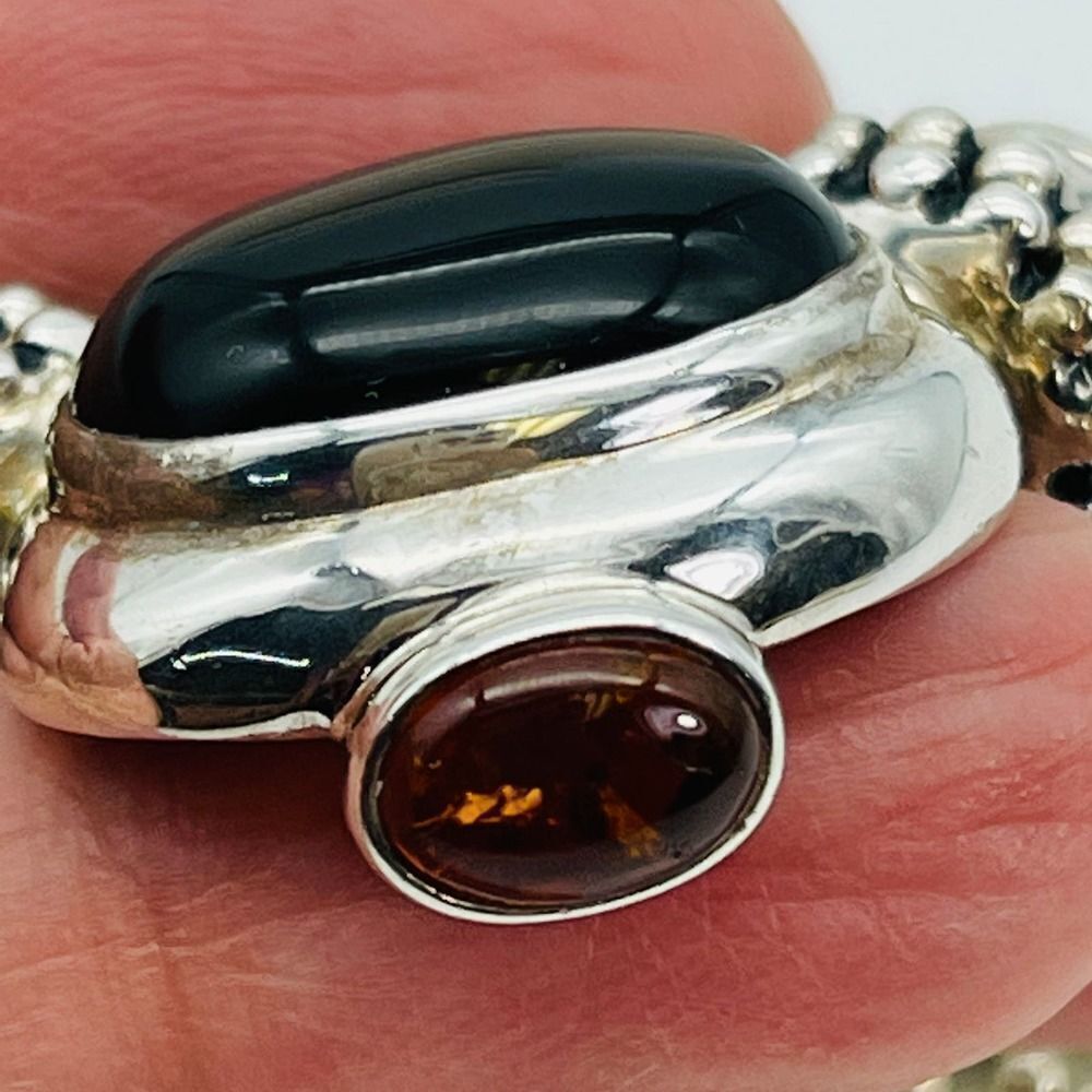 925 Sterling Silver Multi Strands Necklace Onyx & Amber Detachable Pendant - Picture 4 of 10